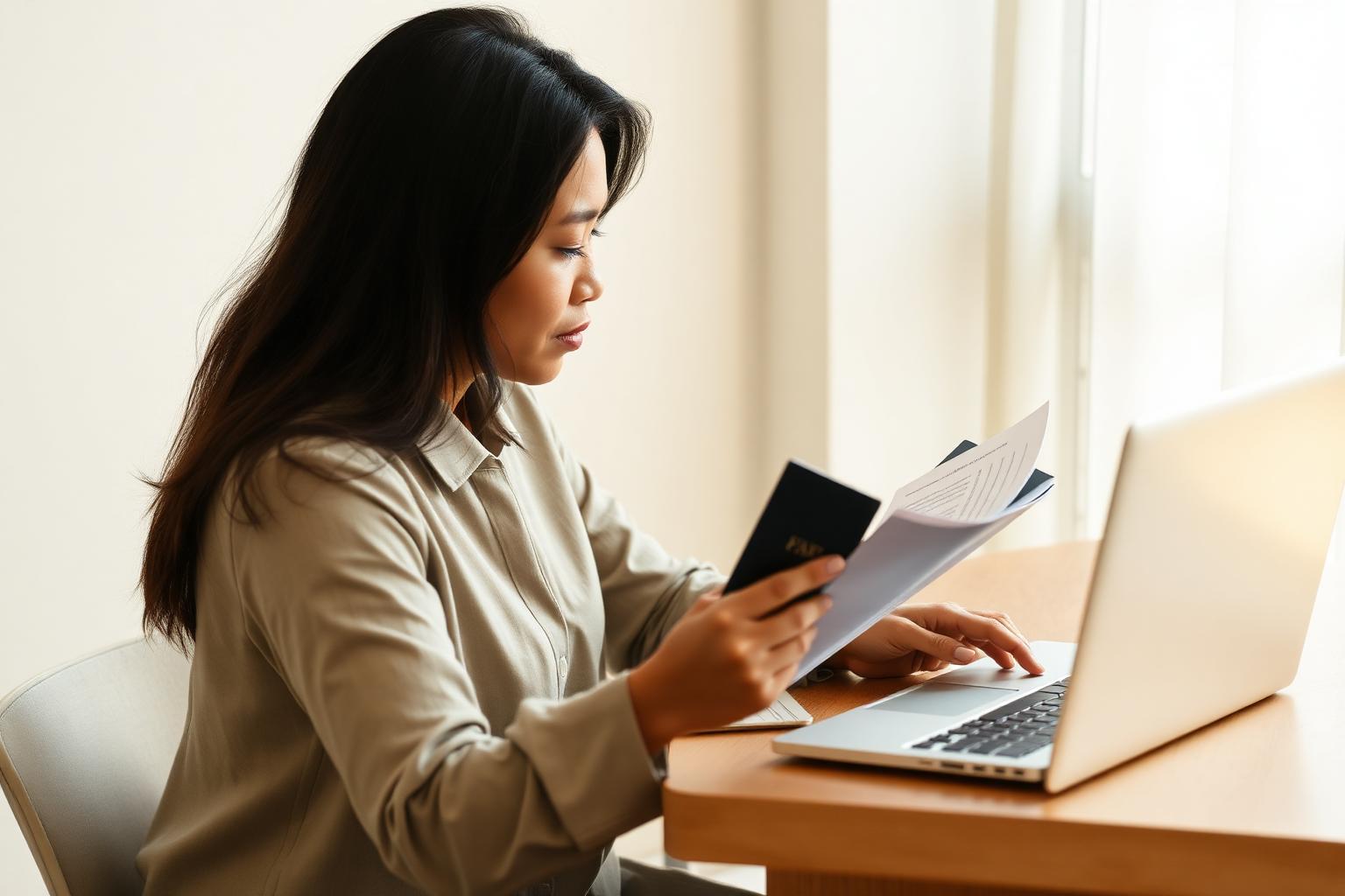 Filipina professional reviewing her passport and documents beside a laptop