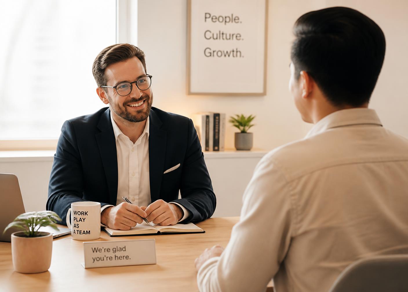 Employer interviewing a Filipino candidate in a bright modern office