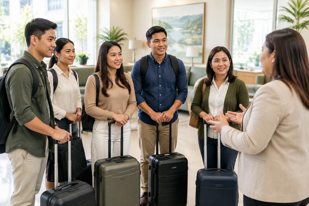 Filipino professionals receiving a final briefing before overseas deployment