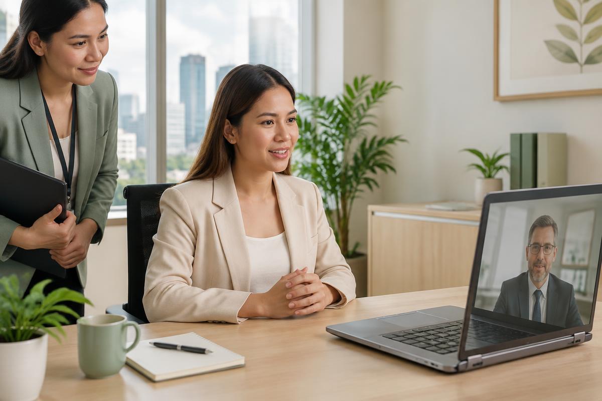 Filipino professional taking part in an online employer interview with recruitment support