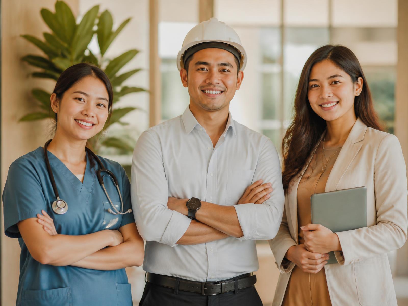 Filipino nurse, engineer, and office professional standing together in a bright international workplace