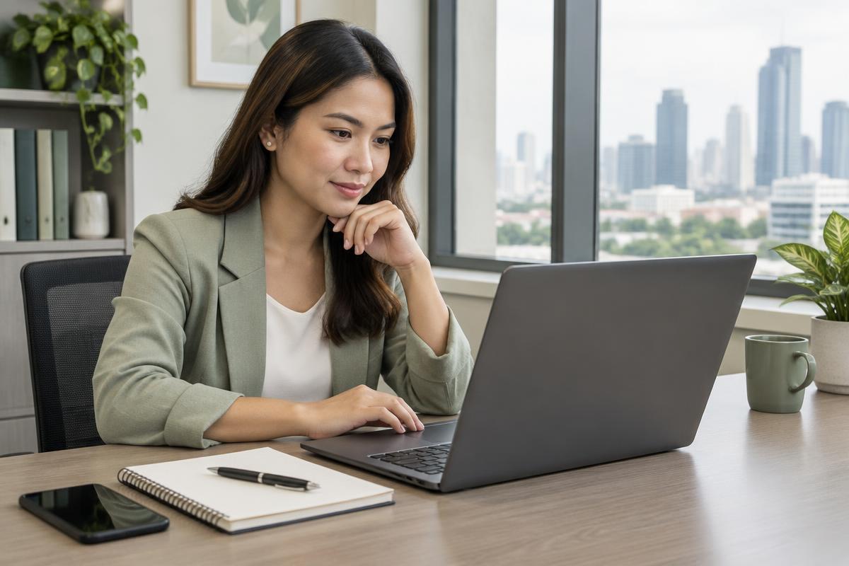 Filipino professional reviewing a job opportunity on a laptop
