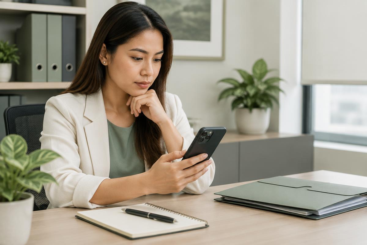 Filipino professional checking official contact information on a phone