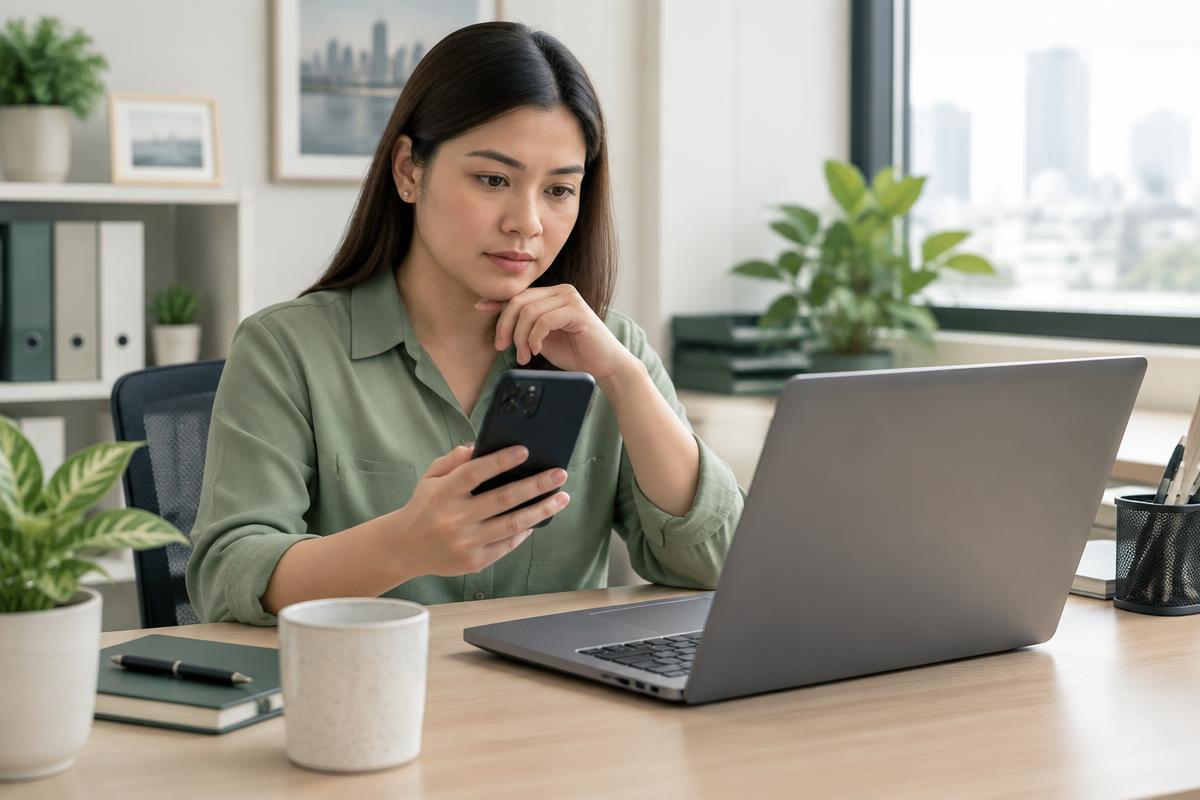Filipino applicant using a phone carefully beside a laptop