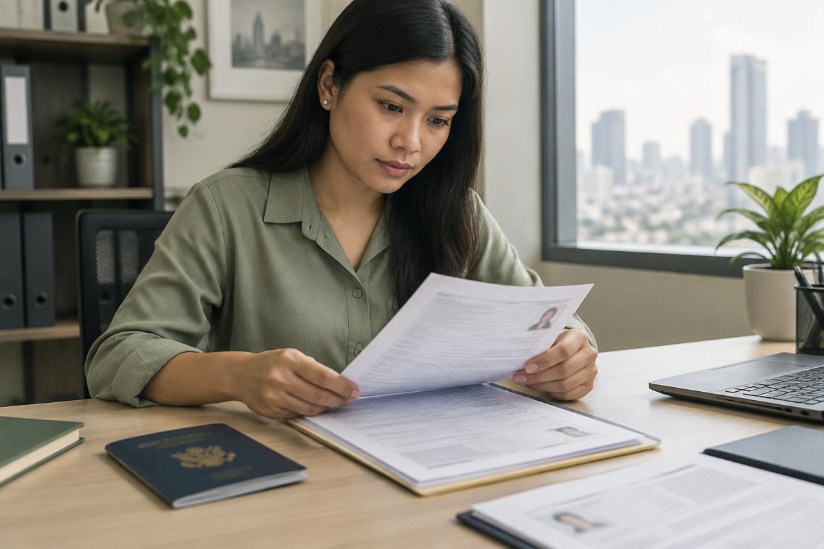 Filipino job applicant carefully reviewing recruitment documents